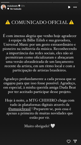 Produtor fala sobre remix de "Chihiro", com Duda Beat / Instagram/ Mulu
