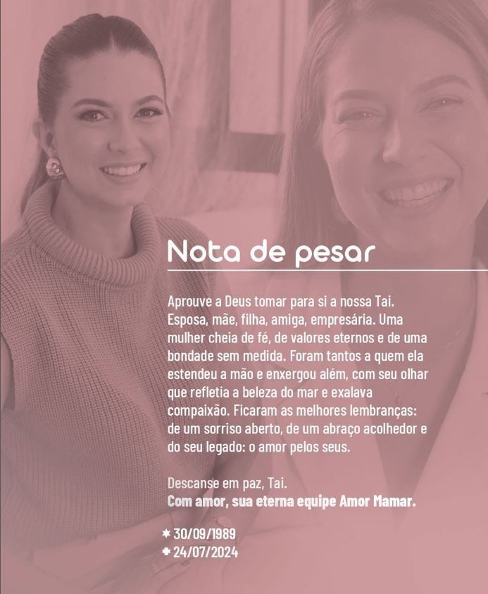 Nota de pesar Tainá Medeiros/ Reprodução/Redes sociais