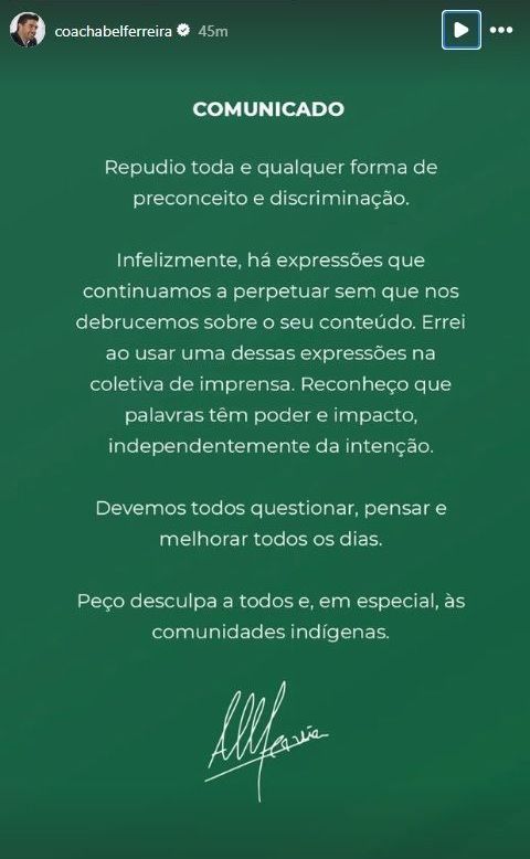 Abel Ferreira publicou pedido de desculpas por fala xenofóbica • Reprodução/Instagram