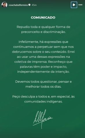 Abel Ferreira publicou pedido de desculpas por fala xenofóbica • Reprodução/Instagram