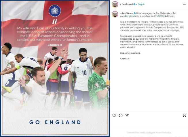 Perfil oficial da família real publicou mensagem para seleção da Inglaterra / Reprodução/Instagram
