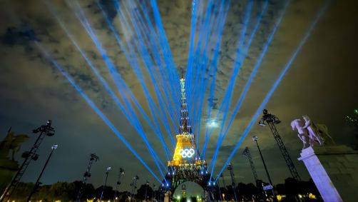 Ensaio de luzes na Torre Eiffel para a Cerimônia de Abertura dos Jogos Olímpicos de Paris 2024