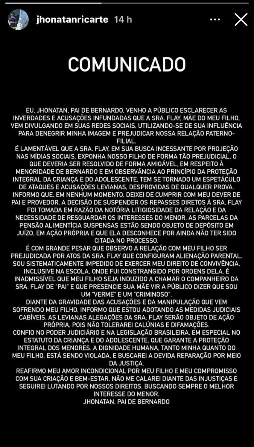 Empresário respondeu acusações de Flay na noite de segunda-feira (8) / Instagram/Jhonatan Ricarte