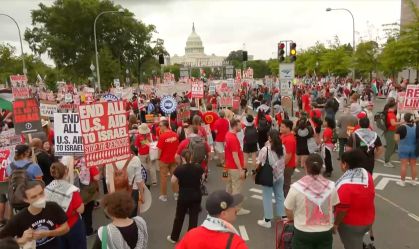 Manifestantes fazem ato pró-Palestina antes de discurso de Benjamin Netanyahu no Congresso dos EUA
