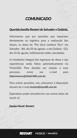 Restart anuncia cancelamento de shows em Salvador e Goiânia / Instagram/Restart