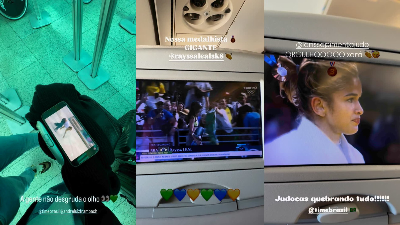 Larissa Manoela mostrou ela e o marido acompanhando os jogos durante o dia e comemorando medalhas dentro de um voo / Instagram/Larissa Manoela