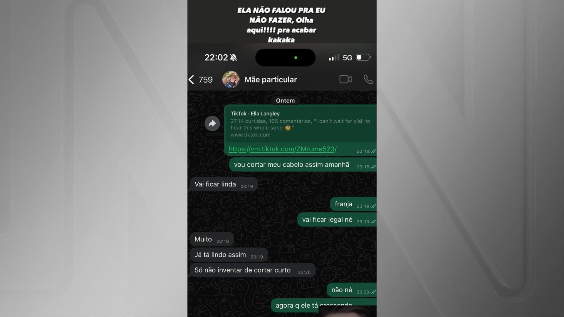 Mensagem enviada pela mãe de Ana Castela comentando sobre a ideia da filha fazer um corte de cabelo com franja / Instagram/Ana Castela
