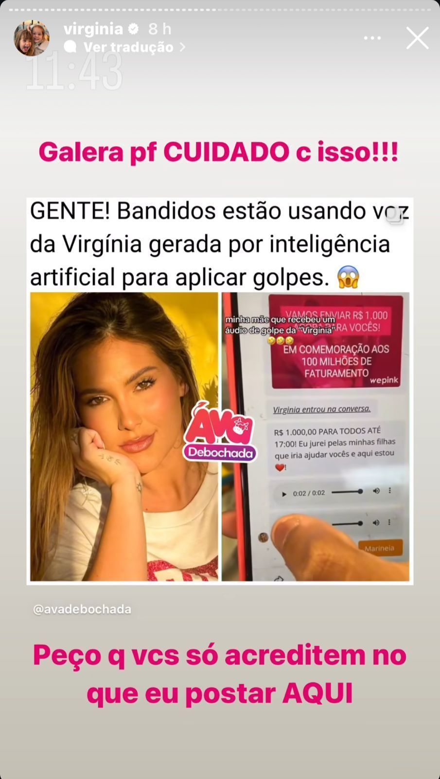 Influenciadora alertou os fãs nesta terça-feira (23) / Instagram/Virginia Fonseca