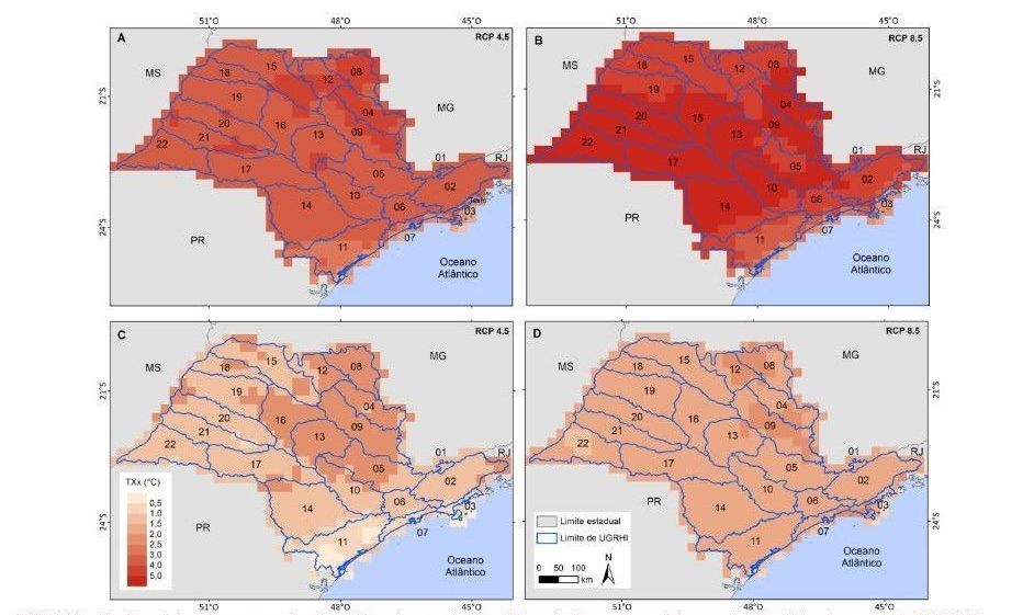 Comparativos entre as temperaturas máximas registradas no período de 1990 a 1961 e a projeção para 2020 a 2050 no estado de SP; cenário pessimista na parte superior e otimista na parte inferior da imagem / Reprodução/Cetesb