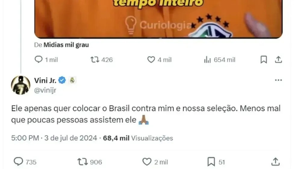 Vinicius Júnior respondeu Tiago Leifert nas redes sociais / Reprodução