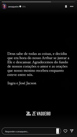 Comunicado do cantor Zé Vaqueiro informando sobre a morte de seu filho de 11 meses / Reprodução/Redes sociais