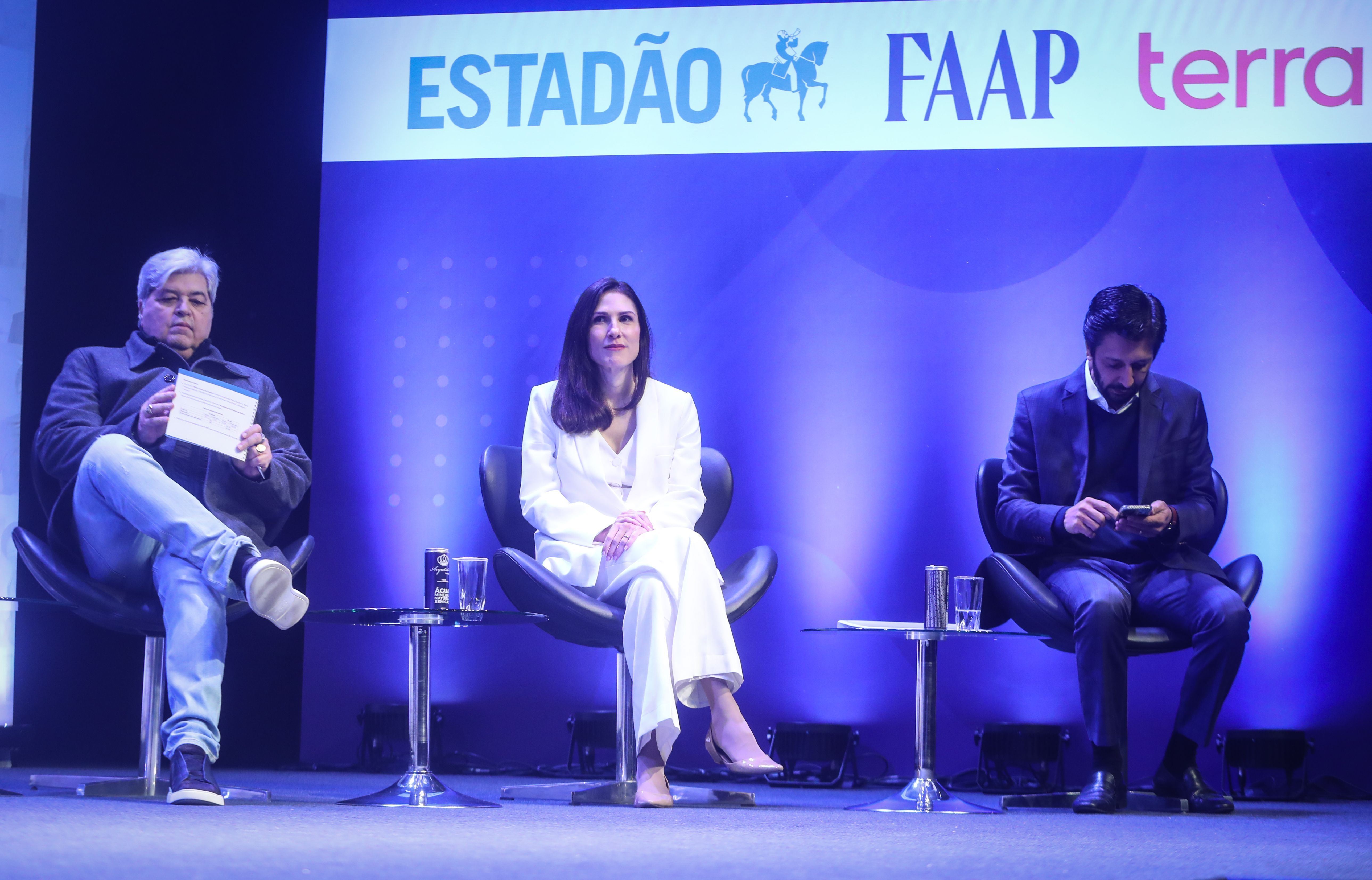 José Luiz Datena (PSDB), Marina Helena (Novo) e Ricardo Nunes (MDB) participam do segundo debate com os pré-candidatos à Prefeitura de São Paulo, promovido pelo jornal Estadão, em parceria com o Portal Terra e a Fundação Armando Alvares Penteado (FAAP), realizado no Teatro Faap, no bairro Higienópolis, na região central da capital paulista, nesta quarta- feira, 14 de agosto de 2024. 14/08/2024 - Foto: WERTHER SANTANA/ESTADÃO CONTEÚDO