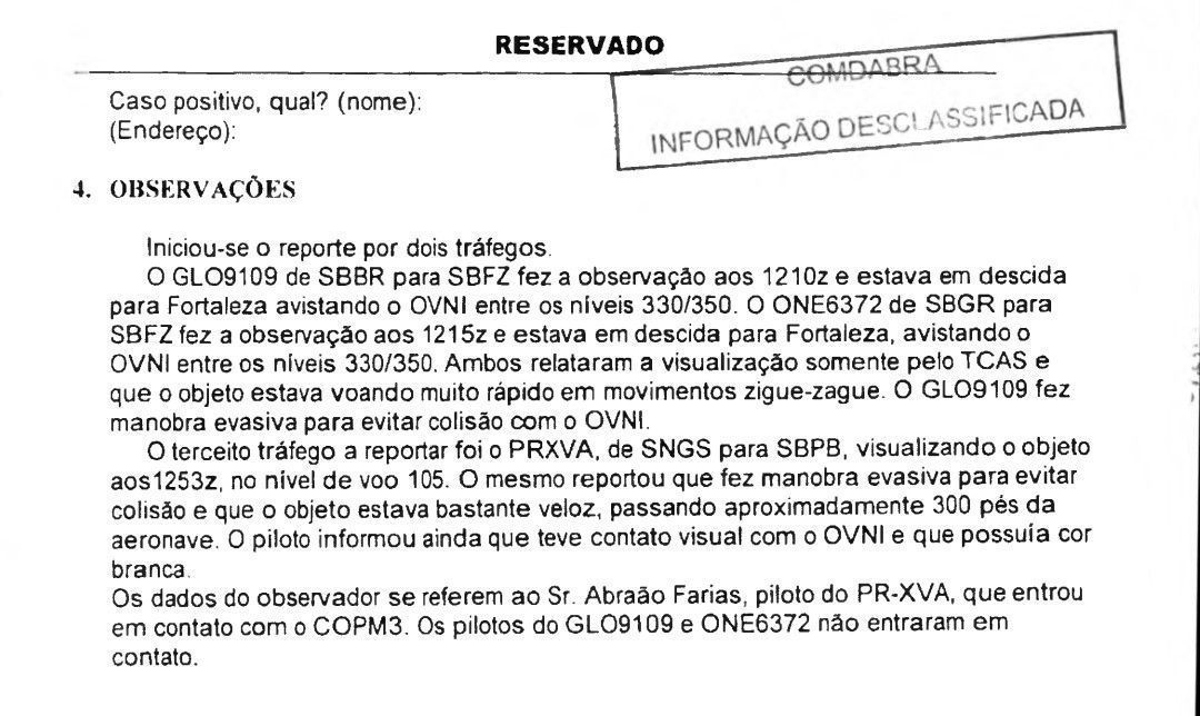 Relato sobre ocorrência envolvendo voo da Gol e OVNI em 2014 no Ceará / Reprodução
