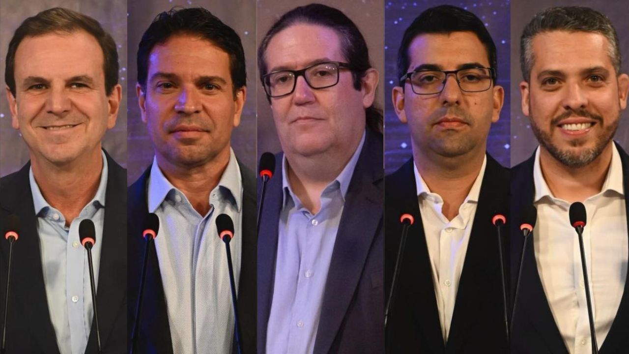 Paes, Ramagem, Tarcísio, Queiroz e Amorim no debate da TV Bandeirantes no Rio