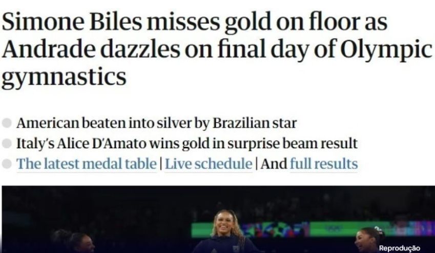 The Guardian repercutiu vitória de Rebeca Andrade / Reprodução