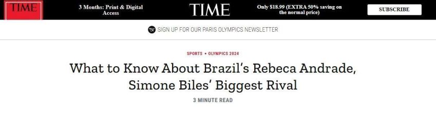 Revista americana Times fez uma matéria sobre Rebeca Andrade / Reprodução