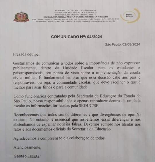 Comunicado enviado pela direção da EE Profª Guiomar Rocha Rinaldi aos professores sobre a implantação do modelo cívico-militar / Reprodução