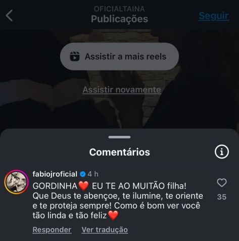 Fábio Jr. comenta em publicação de Tainá Galvão. / Instagram/ Tainá Galvão