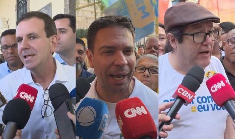 Os candidatos Eduardo Paes (PSD), Alexandre Ramagem (PL) e Tarcísio Motta (PSOL)