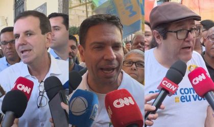 Os candidatos Eduardo Paes (PSD), Alexandre Ramagem (PL) e Tarcísio Motta (PSOL)