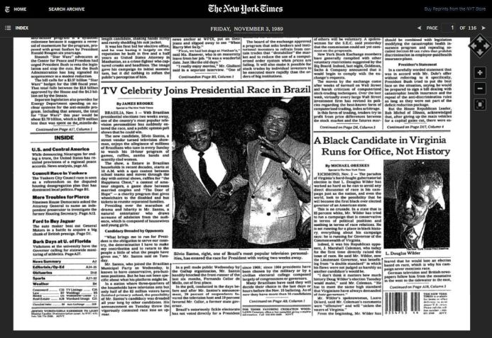 Reportagem de 1989 sobre candidatura de Silvio Santos à Presidência / Arquivo The New York TImes