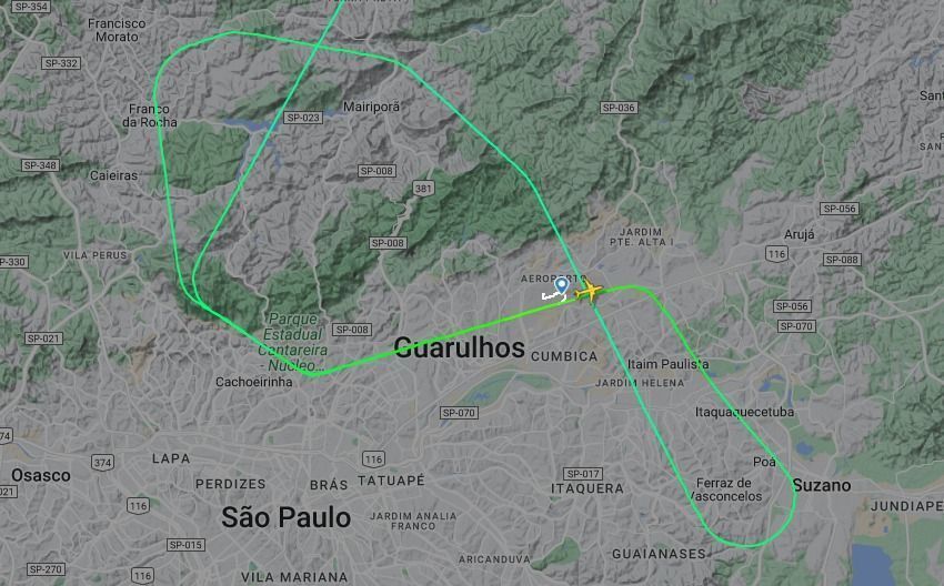 Trajeto feito pelo avião da Gol após arremetida em Guarulhos • Reprodução/Flightradar24