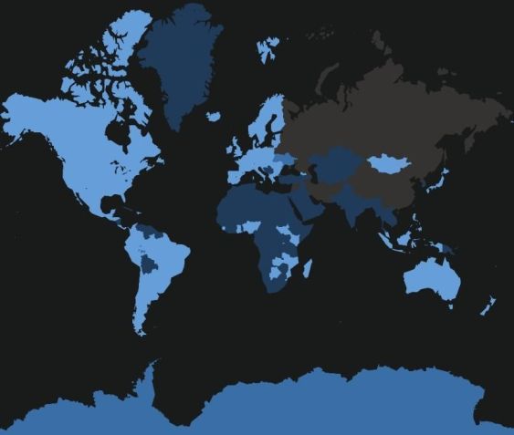 Em azul claro, os países onde a tecnologia Starlink já está disponível. Nos tons mais escuros de azul, onde a Starlink deve ser disponibilizada em breve. Países em cinza não tem previsão de disponibilidade • Reprodução/Starlink