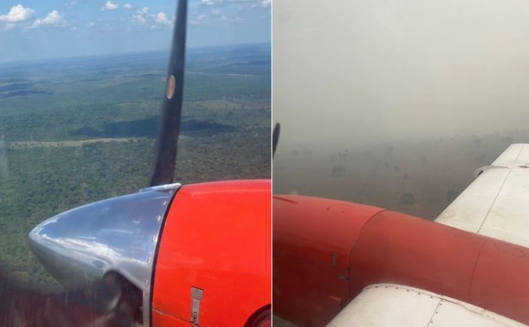 Pouso no aeroporto de Apuí-AM, do lado esquerdo em março, do direito em agosto, já com impacto das queimadas • Reprodução