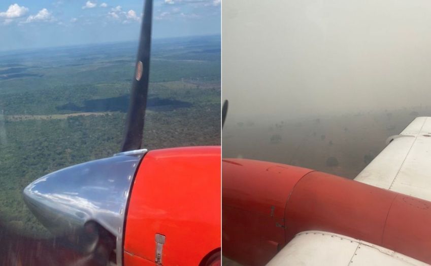 Pouso no aeroporto de Apuí-AM, do lado esquerdo em março, do direito em agosto, já com impacto das queimadas • Reprodução