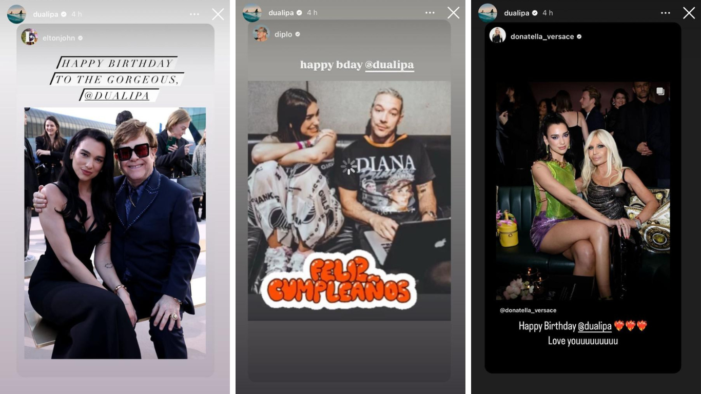Elton John, Diplo e Donatella Versace compartilharam registros ao lado de Dua Lipa nesta quinta (22) • Instagram/Dua Lipa