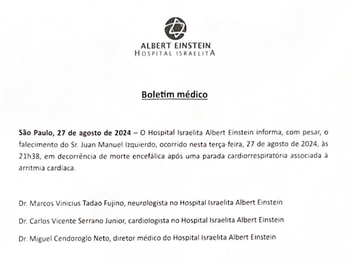 Boletim médico da morte de Juan Manuel Izquierdo • Divulgação