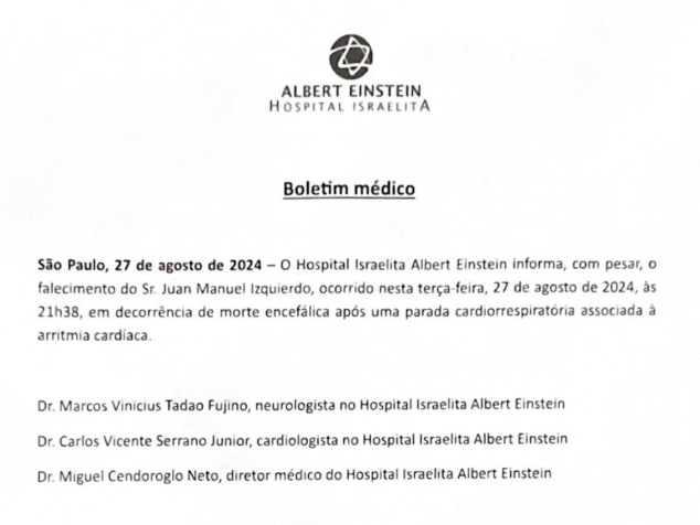 Boletim médico da morte de Juan Manuel Izquierdo • Divulgação