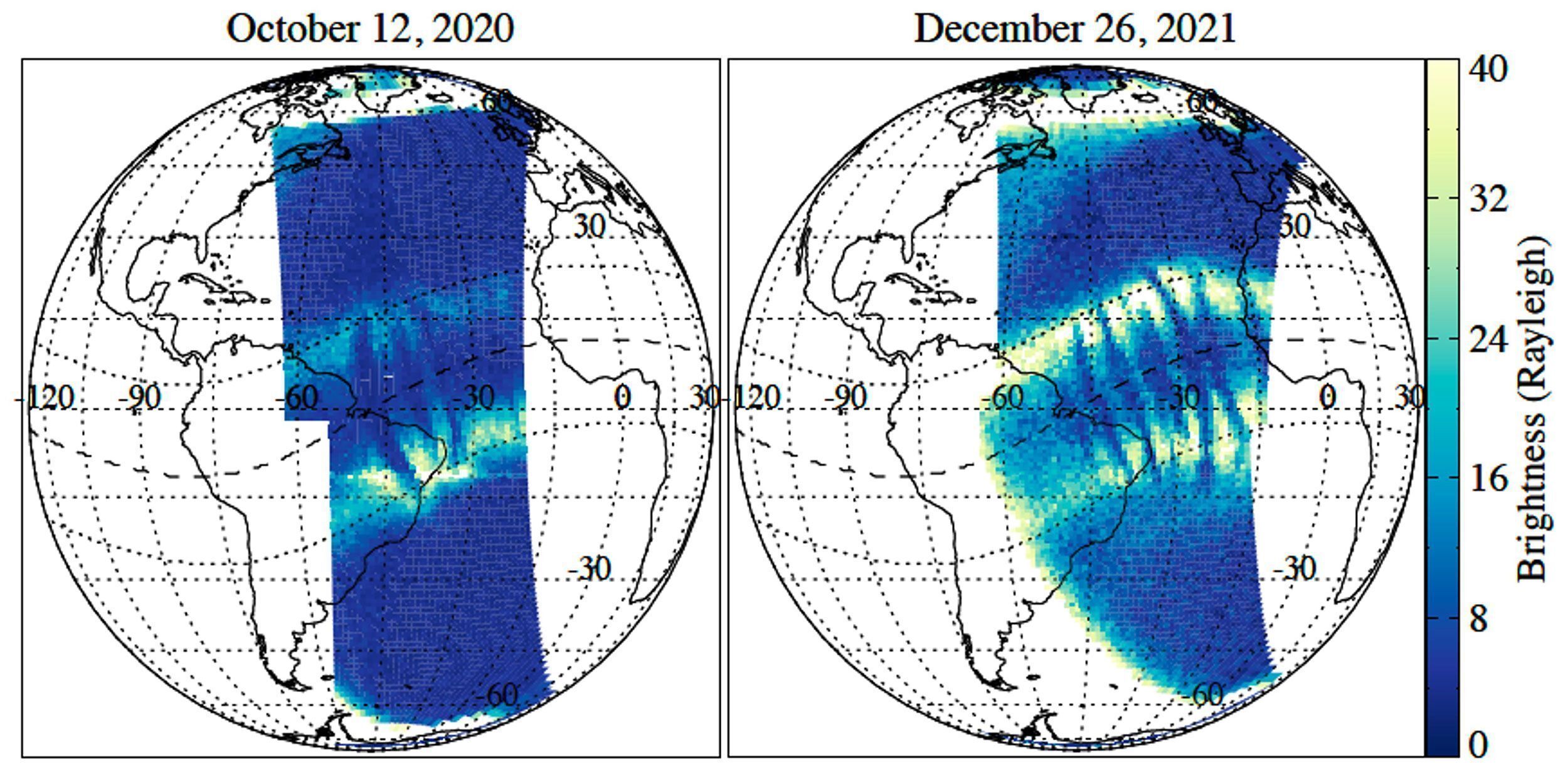 Observações da missão Gold capturaram bolhas de plasma em forma de C e em forma de C invertido próximas umas das outras na ionosfera em 12 de outubro de 2020 e 26 de dezembro de 2021 / Courtesy D. Karan et al.