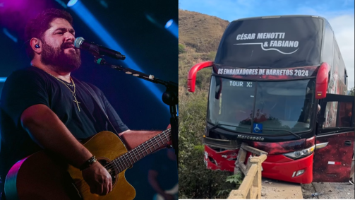 Em uma publicação no Instagram, o cantor mostrou como o veículo ficou após a colisão; o ônibus colidiu com duas carretas em uma ponte e teve o risco de cair dela