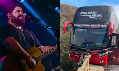 Em uma publicação no Instagram, o cantor mostrou como o veículo ficou após a colisão; o ônibus colidiu com duas carretas em uma ponte e teve o risco de cair dela