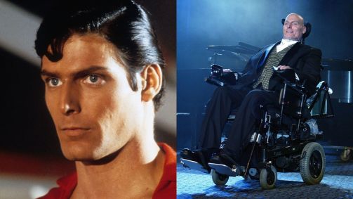 Montagem com Christopher Reeve interpretando o Superman e depois de seu acidente, de cadeira de rodas