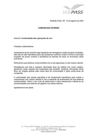 Comunicado enviado pela Voepass a funcionários após o acidente em Vinhedo / Reprodução