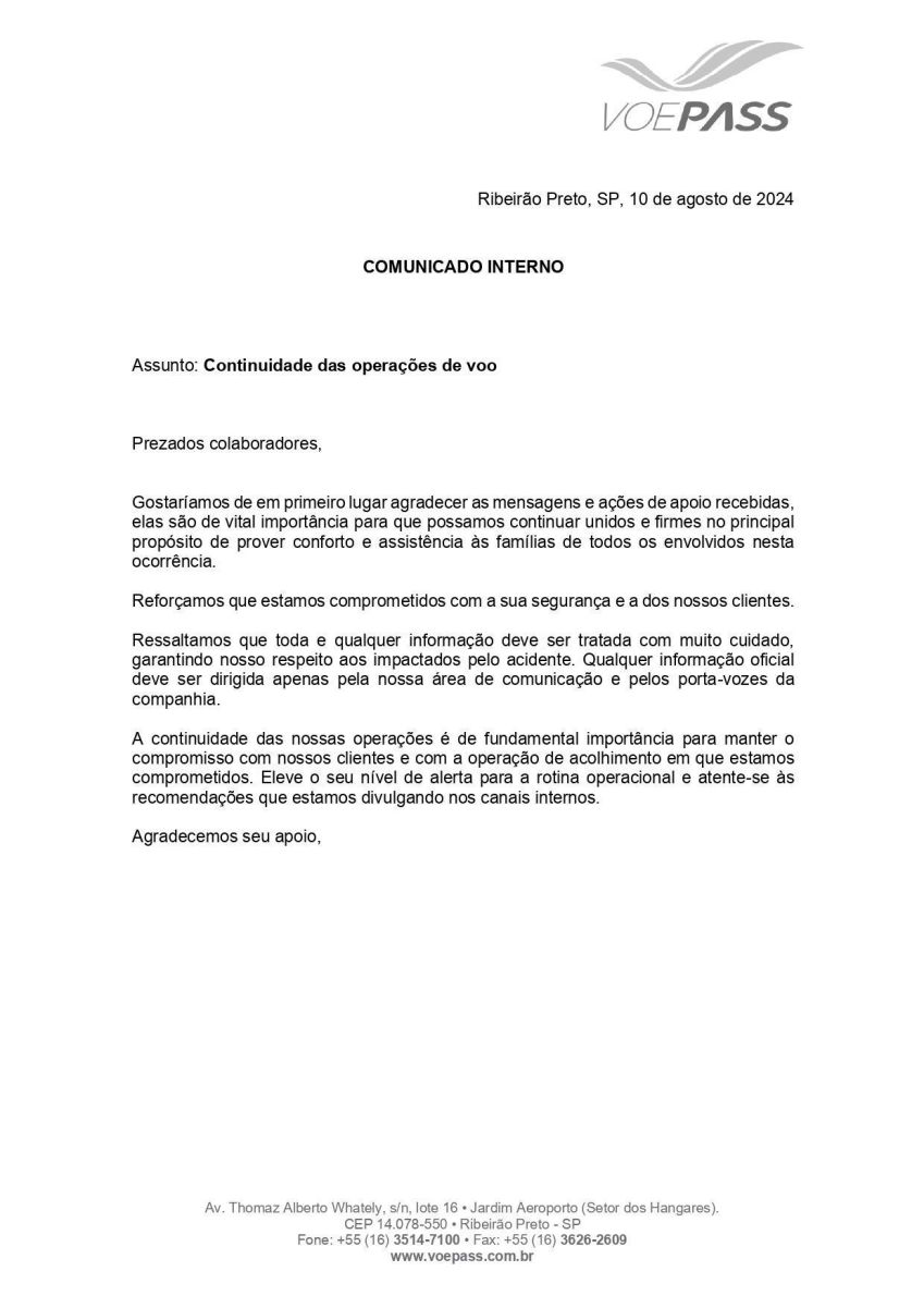 Comunicado enviado pela Voepass a funcionários após o acidente em Vinhedo / Reprodução