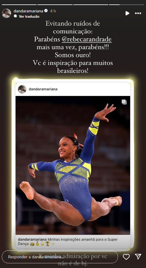 Dandara Mariana parabeniza Rebeca Andrade pela conquista do ouro na Olimpíada / Instagram/ Dandara Mariana