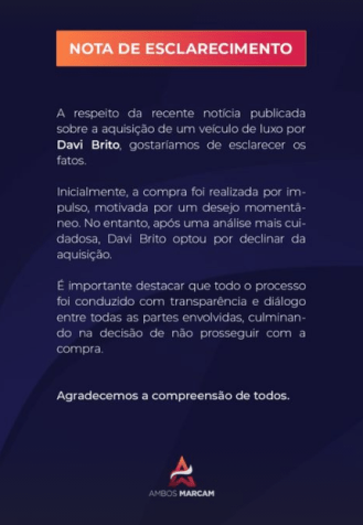 Agência de marketing, responsável por Davi Brito, compartilha nota sobre devolução de carro de luxo. • Instagram/Ambos Marcam