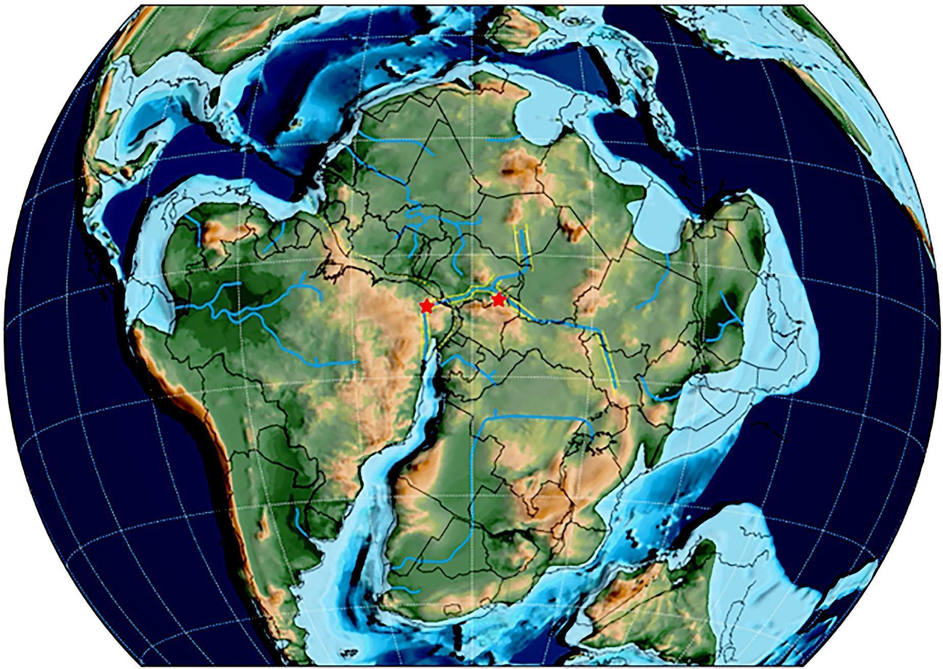 Estrelas vermelhas dentro deste gráfico marcam a rota seguida pelos dinossauros quando os continentes sul-americano e africano estavam conectados • Foto: Southern Methodist University