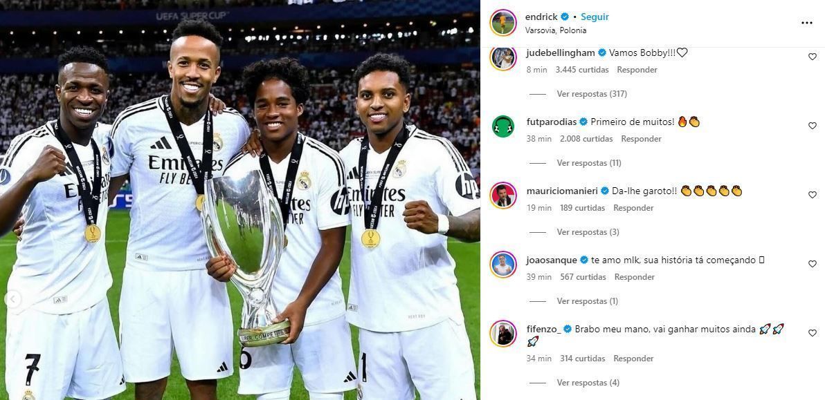 Publicação de Endrick e, à direita, o comentário de Bellingham chamando o brasileiro de "Bobby" / Reprodução/Instagram Endrick