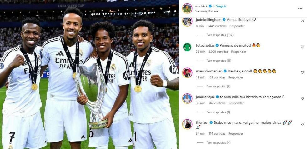 Publicação de Endrick e, à direita, o comentário de Bellingham chamando o brasileiro de "Bobby" / Reprodução/Instagram Endrick