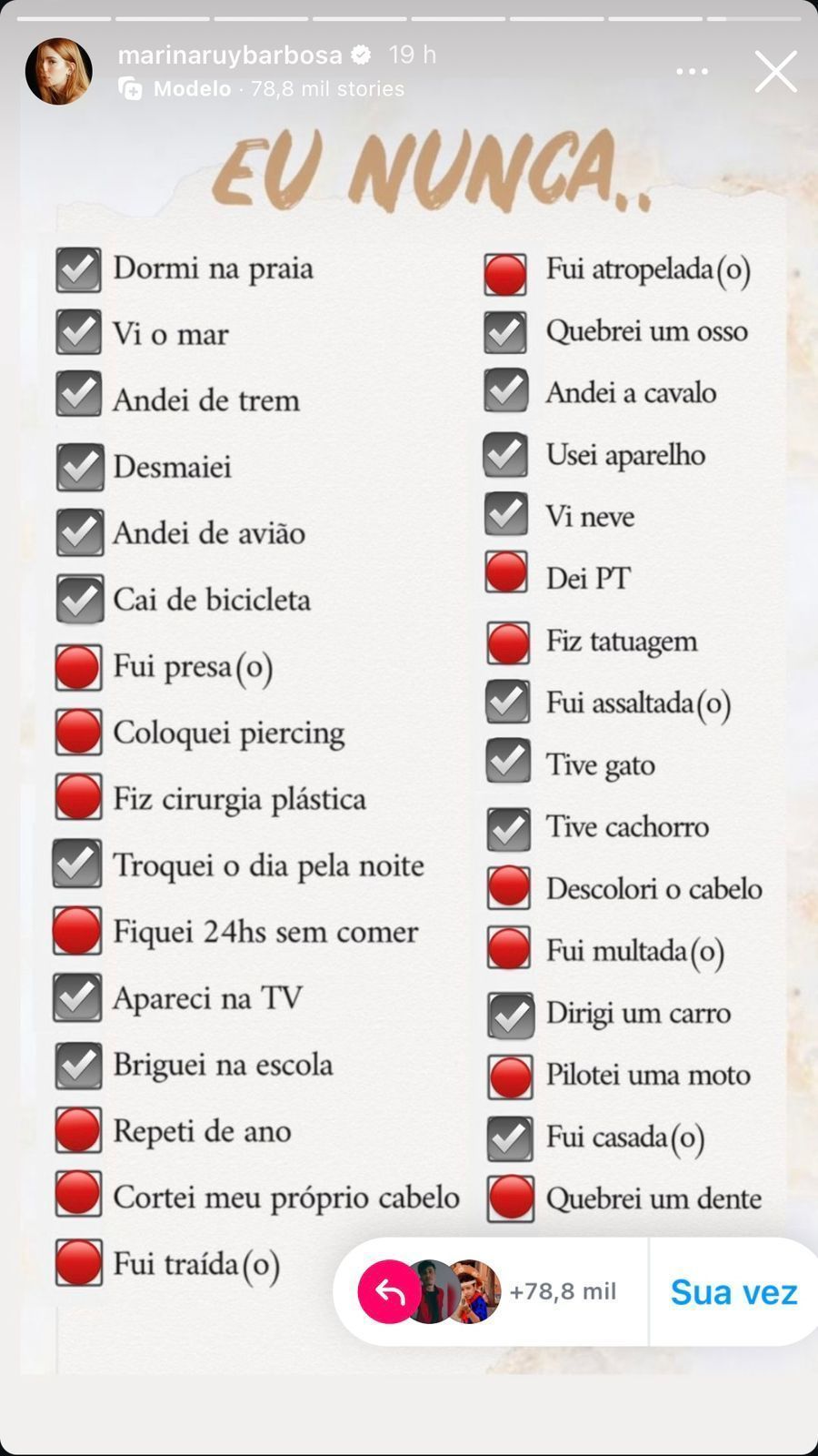 Marina Ruy Barbosa compartilhou lista de coisas que já fez e nunca fez ao longo de sua vida / Instagram/Marina Ruy Barbosa