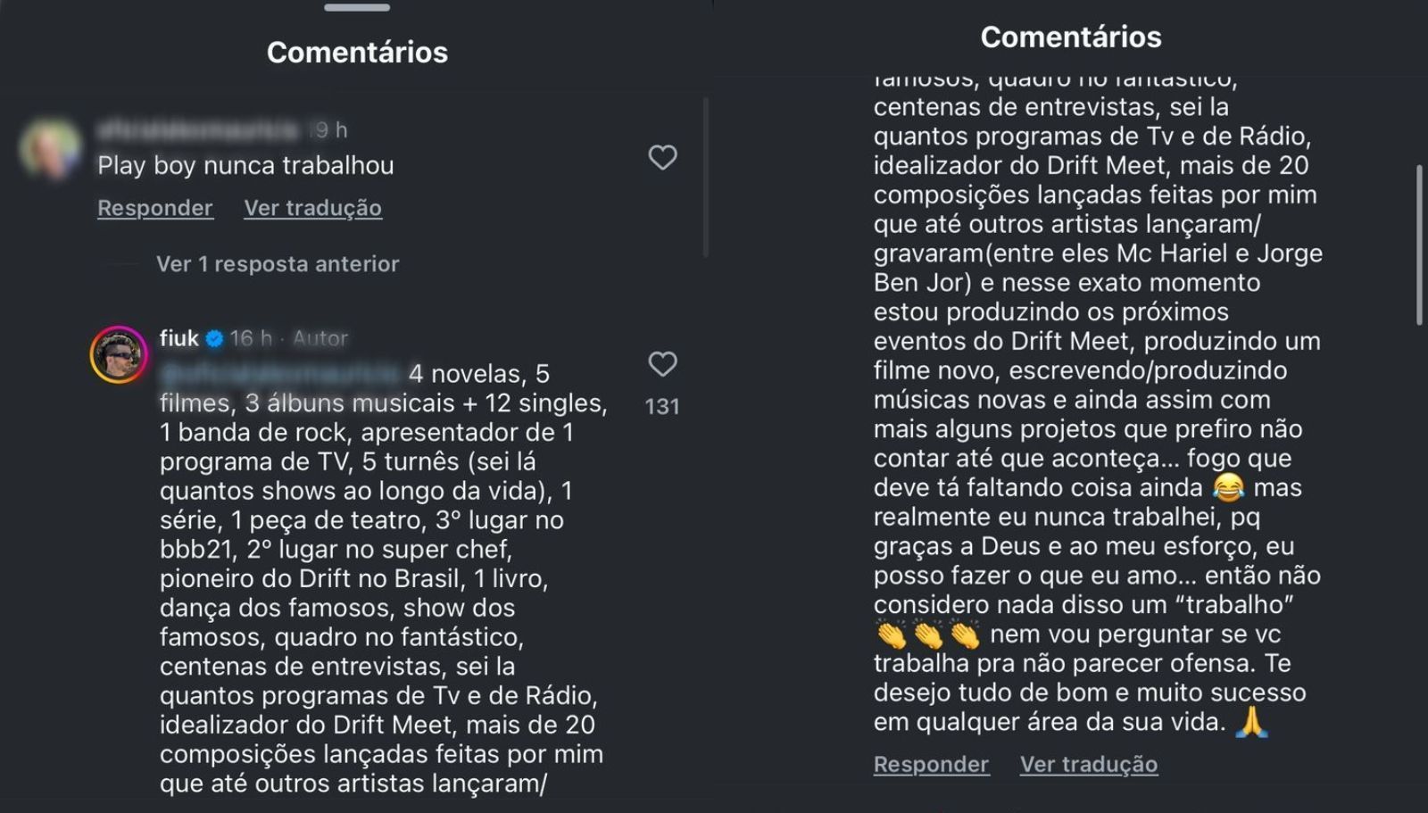 Fiuk rebate comentário em seu perfil do Instagram. • Foto: Instagram/Fiuk