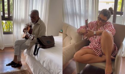 Gilberto Gil toca violão para filha Preta Gil, que passa por novo tratamento