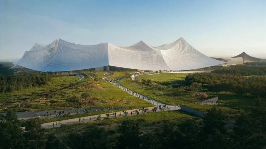 O Grande Stade Hassan II será construído em um terreno exuberante de 100 hectares, com jardins se estendendo para dentro do teto de tenda do estádio • Populous/Oualolou + Choi /Divulgação