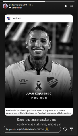 Lateral do Flamengo presta homenagem a Juan Izquierdo • Reprodução: Instagram / guillermovarela4