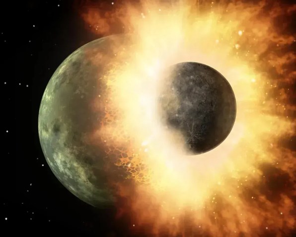 A concepção artística mostra um corpo celeste do tamanho da nossa Lua colidindo em grande velocidade com um corpo do tamanho de Mercúrio. Os cientistas pensam que um corpo do tamanho de Marte colidiu com a Terra e que os detritos derretidos lançados no espaço formaram a lua. • Nasa