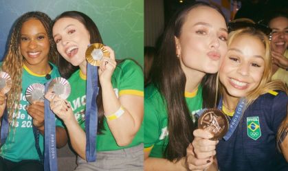 Larissa Manoela com as ginastas Rebeca Andrade e Flávia Saraiva